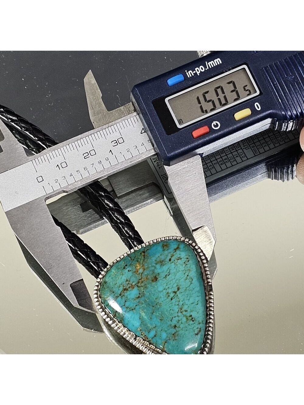 Navajo Turquoise On Silver BOLO Tie Hallmarked K E E with Sterling 925 Tips KEE - Picture 10 of 16